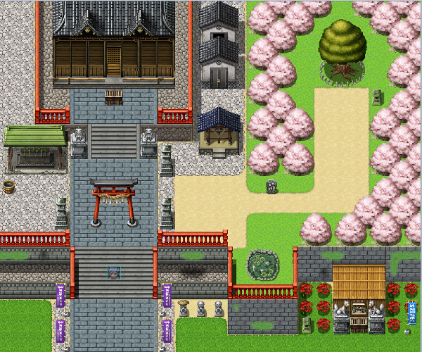 RPGツクールMV公式素材集NO.1-3【和・黄昏】で差分イベントを作って遊んでみた‐素材を利用して作ったマップ全体像